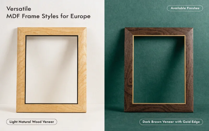 Side-by-side comparison of MDF frames with different wood veneer and color finishes